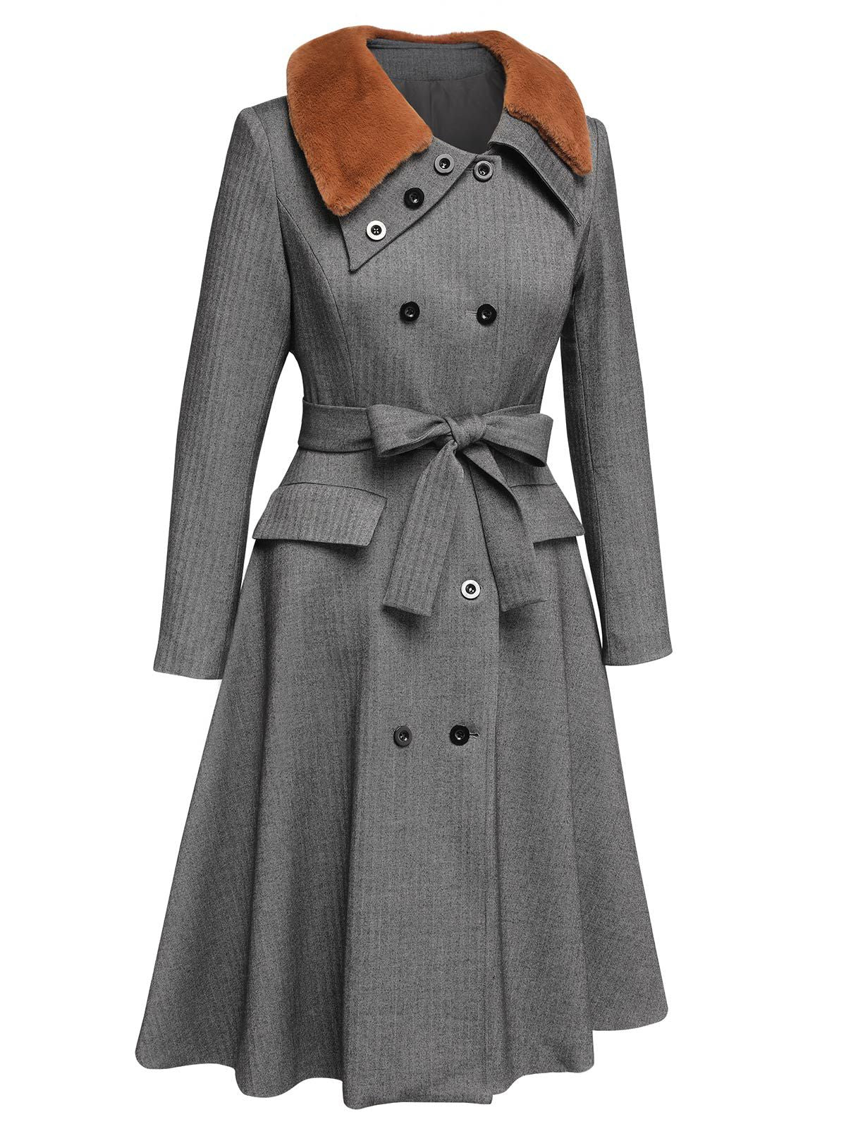Gray 1930s Faux Fur Lapel Collar Coat - Image 4