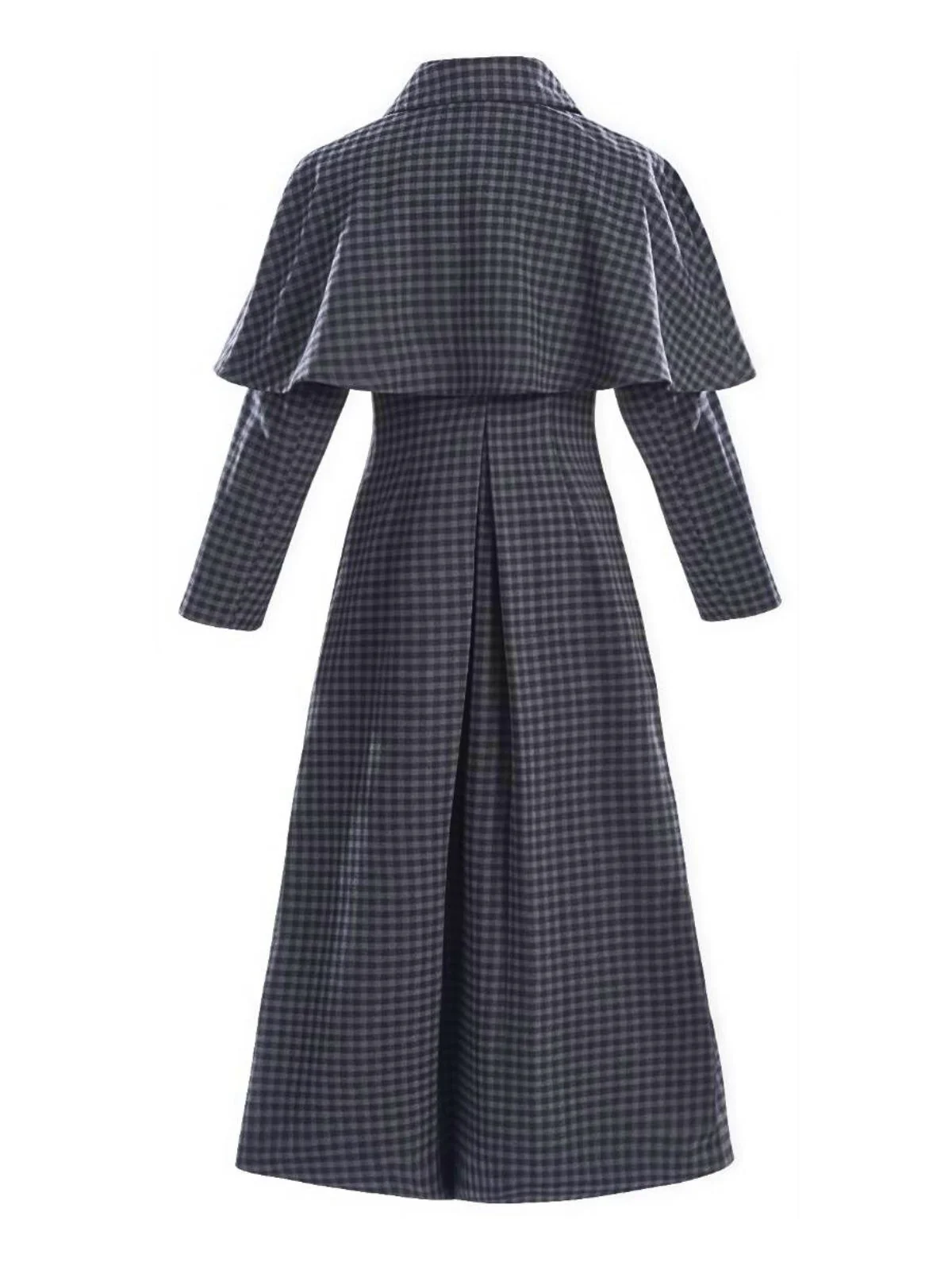 Gray 1950s Halloween Wednesday Plaid Faux-Wool Cape Coat - Image 2