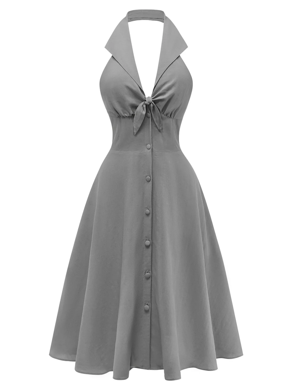 Gray 1950s Halter V-Neck Swing Dress - Image 2