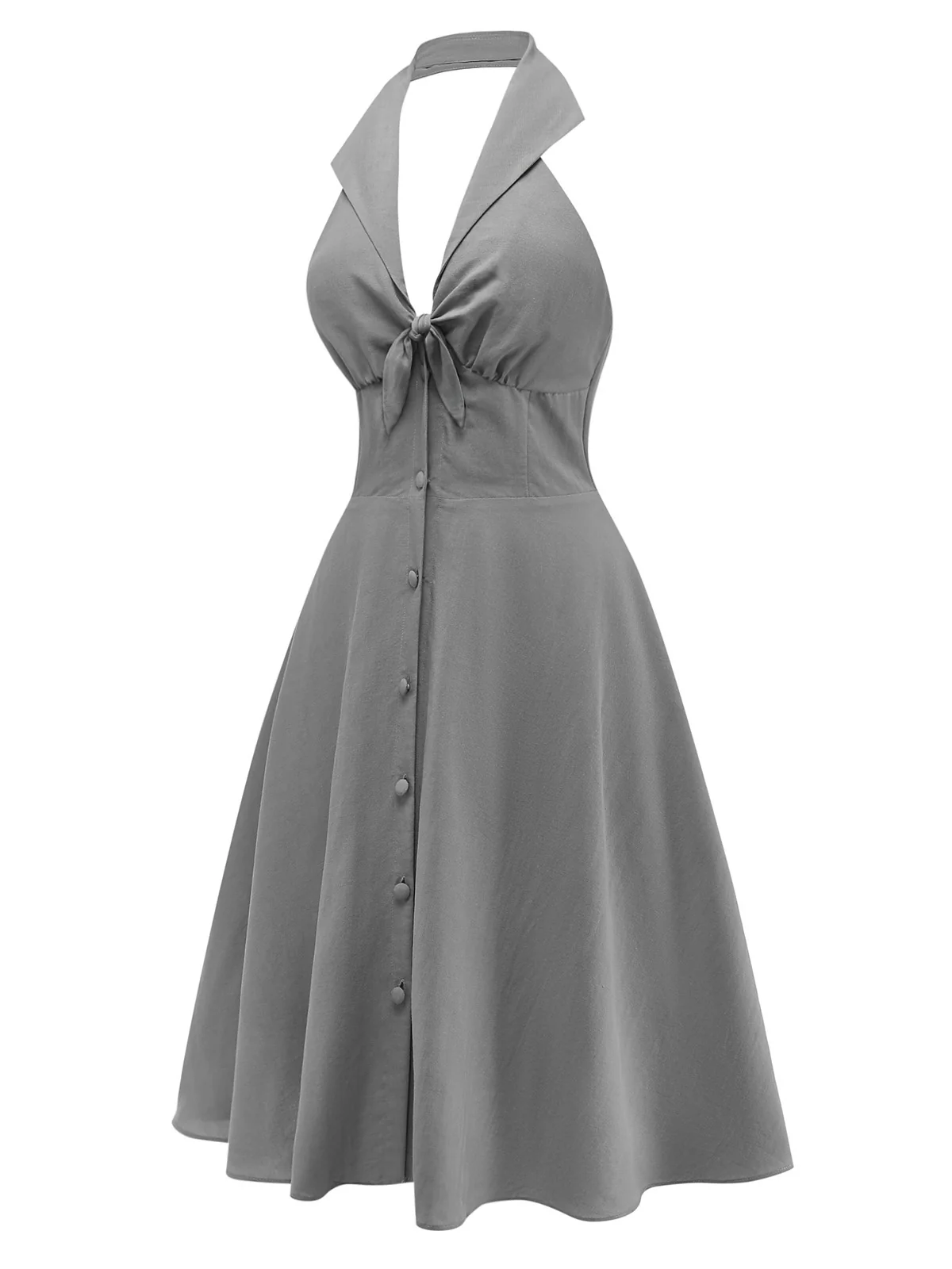 Gray 1950s Halter V-Neck Swing Dress - Image 3