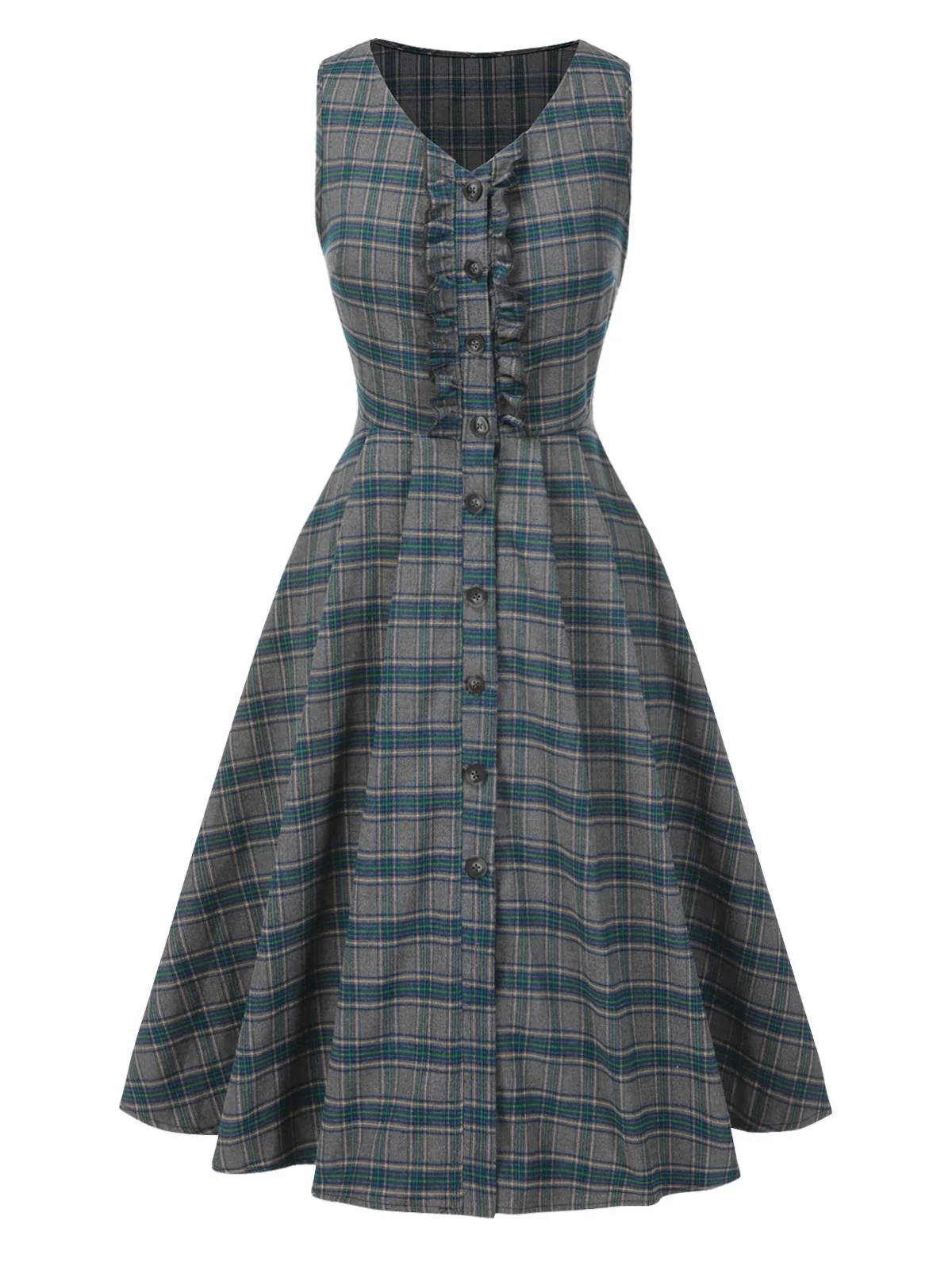 Gray 1950s Plaid V-Neck Sleeveless Ruffled Dress - Image 2