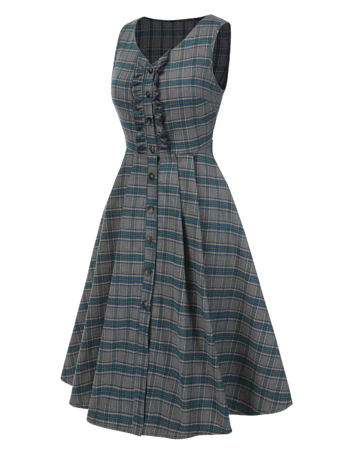 Gray 1950s Plaid V-Neck Sleeveless Ruffled Dress - Image 3