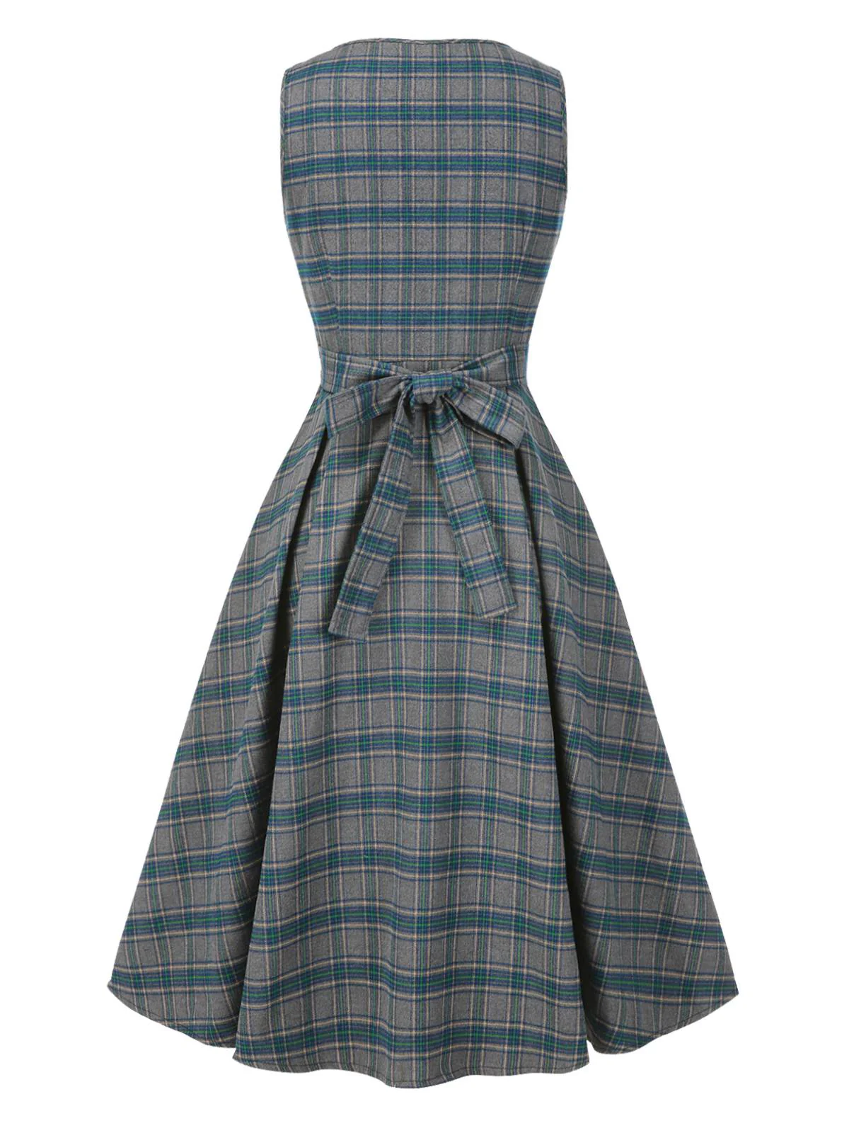 Gray 1950s Plaid V-Neck Sleeveless Ruffled Dress - Image 4