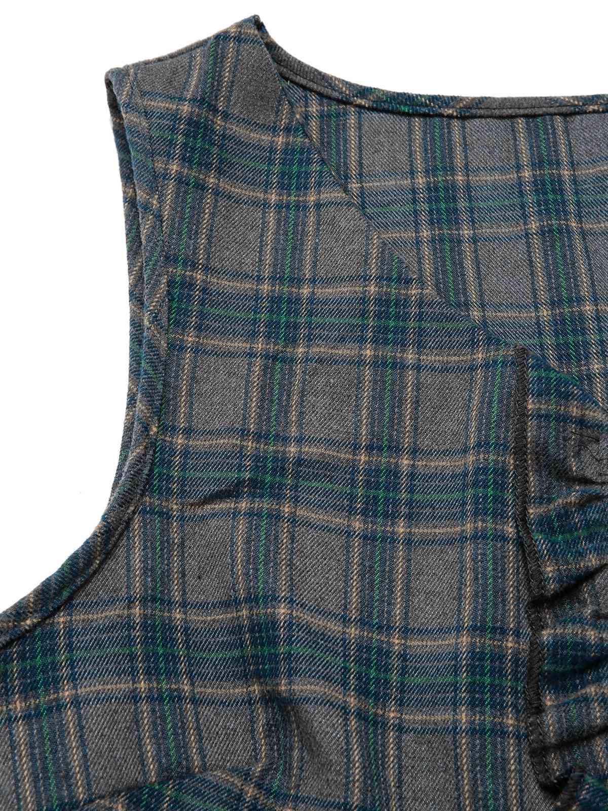 Gray 1950s Plaid V-Neck Sleeveless Ruffled Dress - Image 5