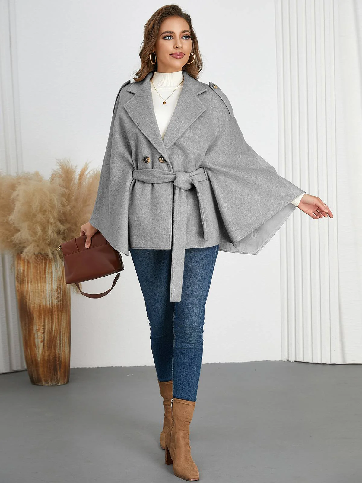 Gray 1950s Solid Notched Collar Belted Cloak Coat - Image 2