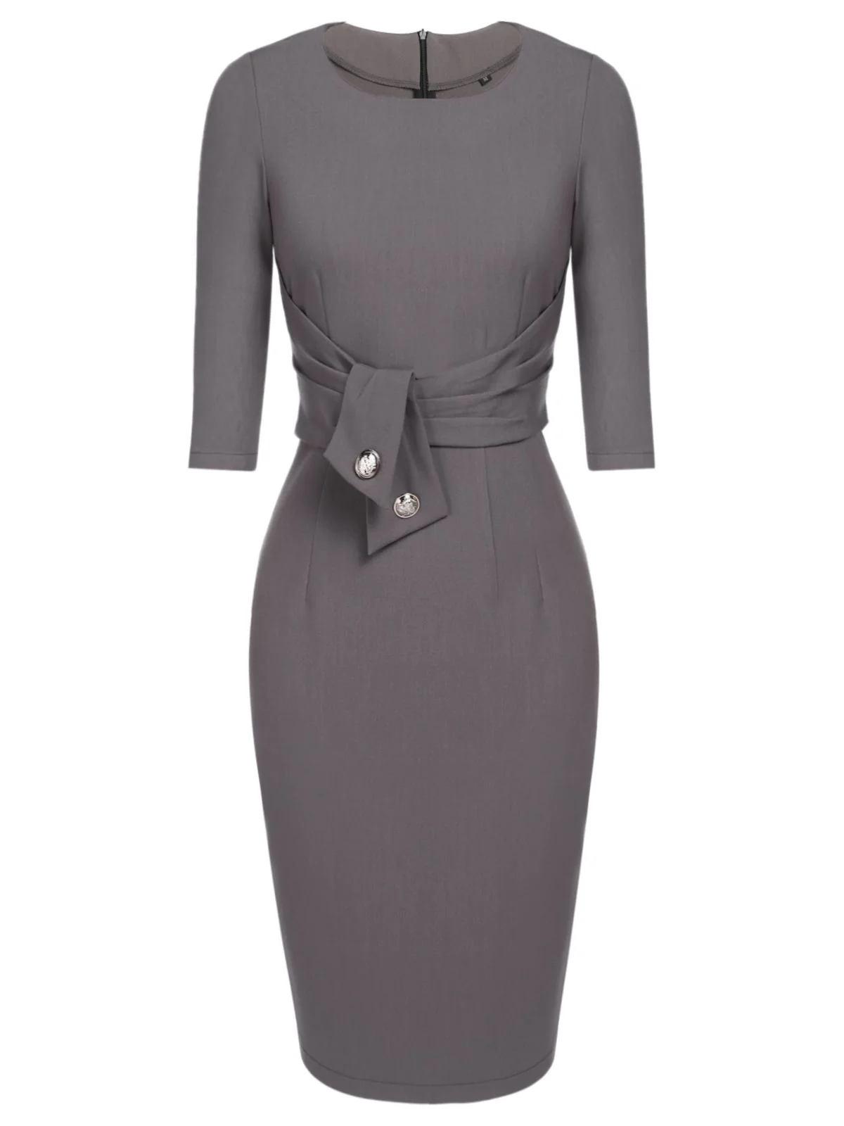 Gray 1960s Belt Solid Pencil Dress - Image 2