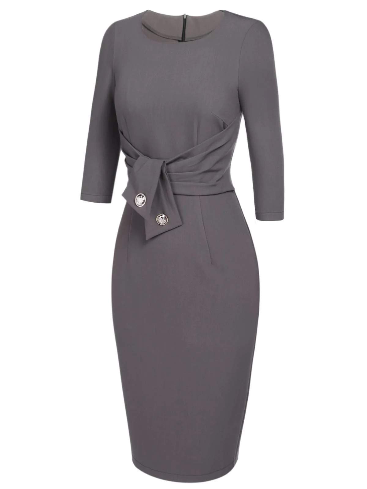 Gray 1960s Belt Solid Pencil Dress - Image 3