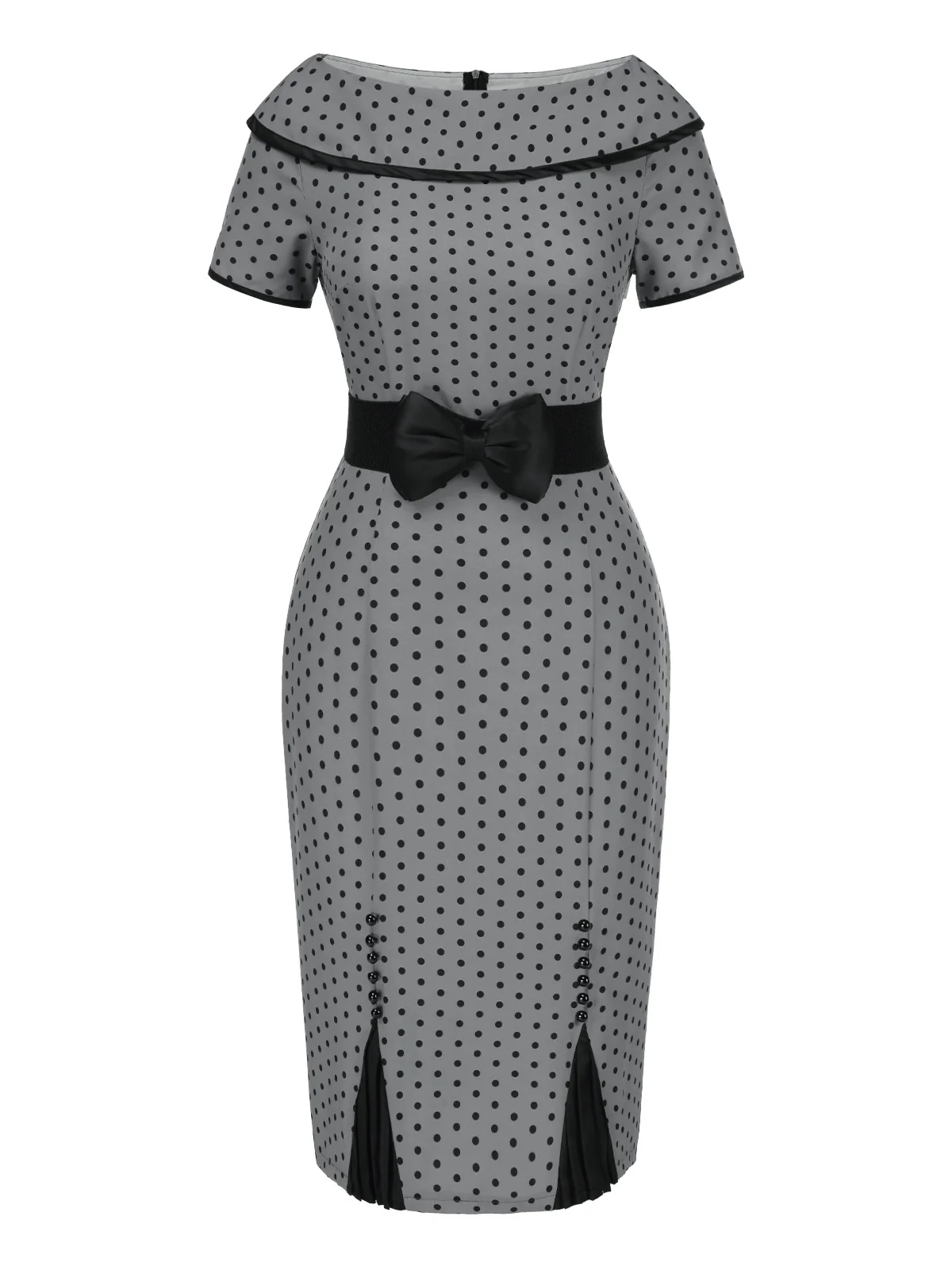 Gray 1960s Boat Neck Polka Dots Pencil Dress - Image 2