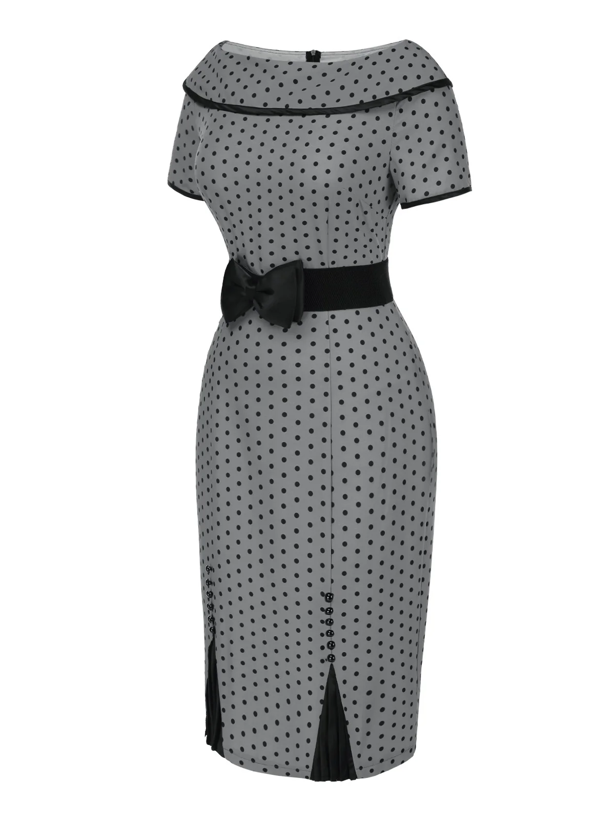 Gray 1960s Boat Neck Polka Dots Pencil Dress - Image 3