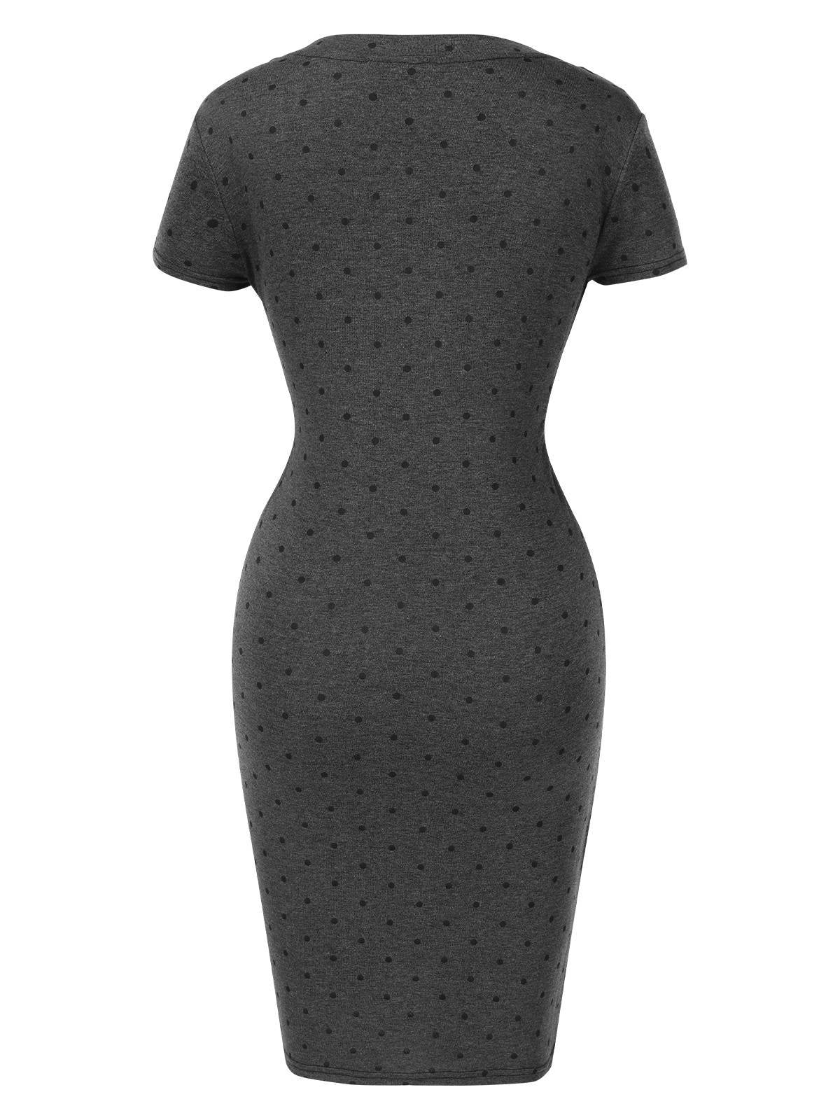 Gray 1960s Polka Dots V-Neck Bodycon Dress - Image 2