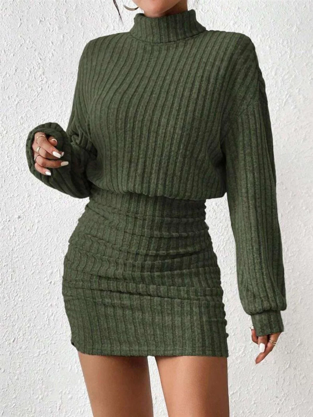 Gray 1960s Ribbed Turtleneck Sweater Bodycon Dress - Image 10