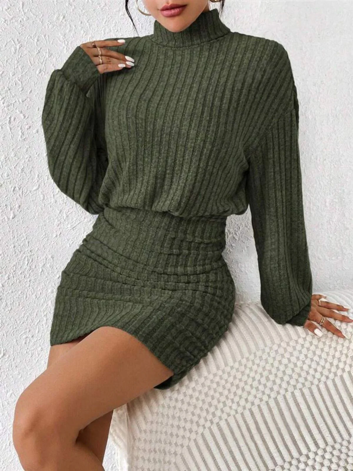 Gray 1960s Ribbed Turtleneck Sweater Bodycon Dress - Image 12