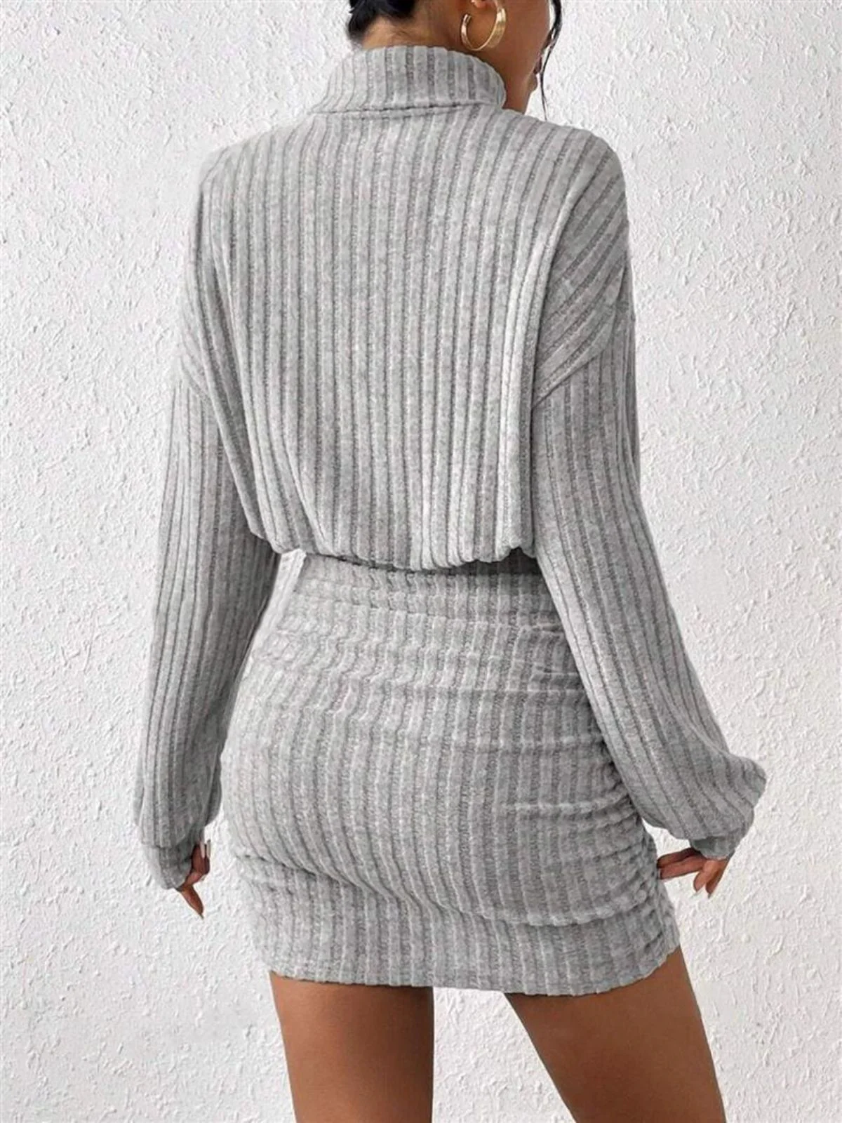 Gray 1960s Ribbed Turtleneck Sweater Bodycon Dress - Image 2