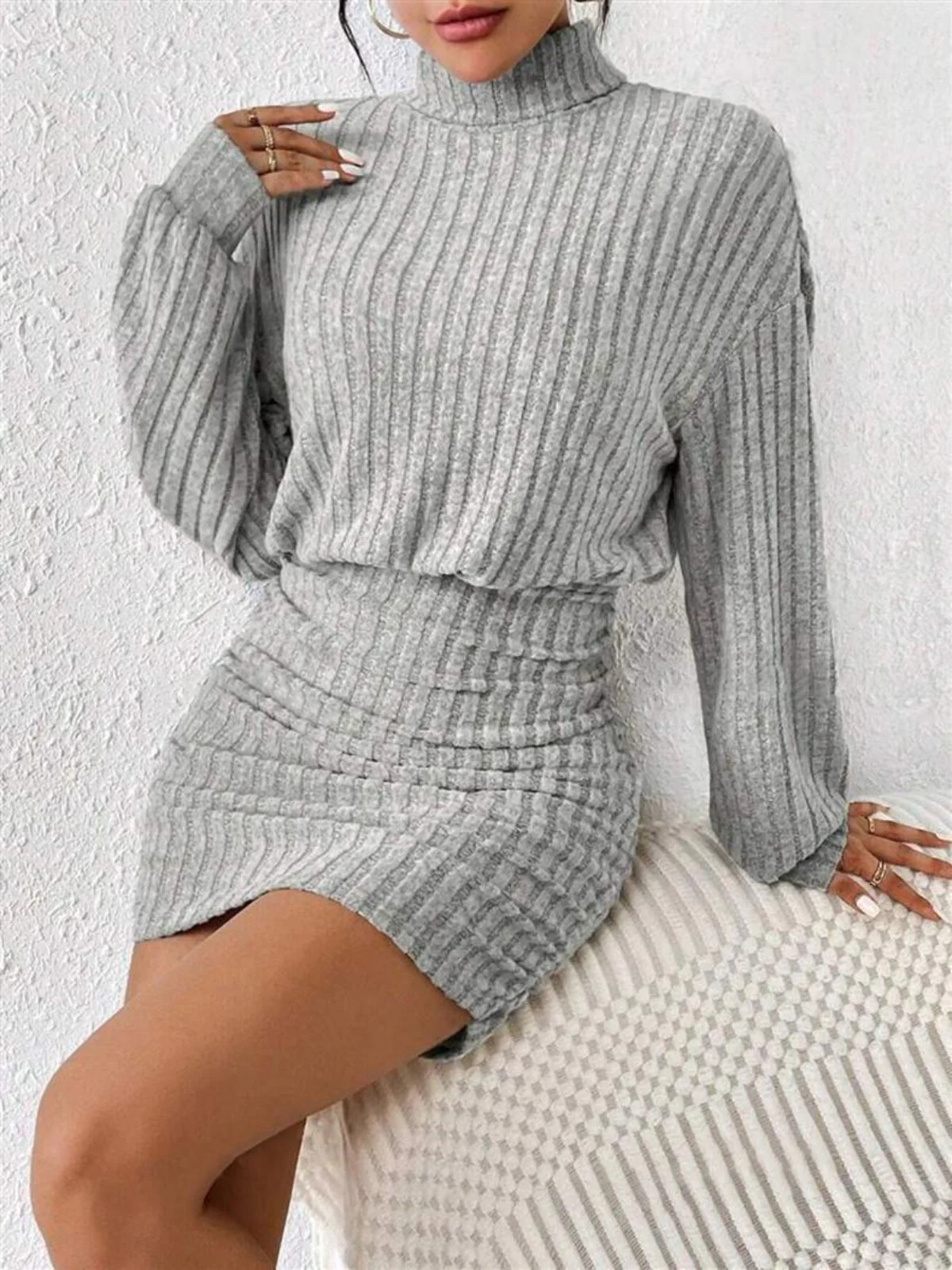 Gray 1960s Ribbed Turtleneck Sweater Bodycon Dress - Image 3
