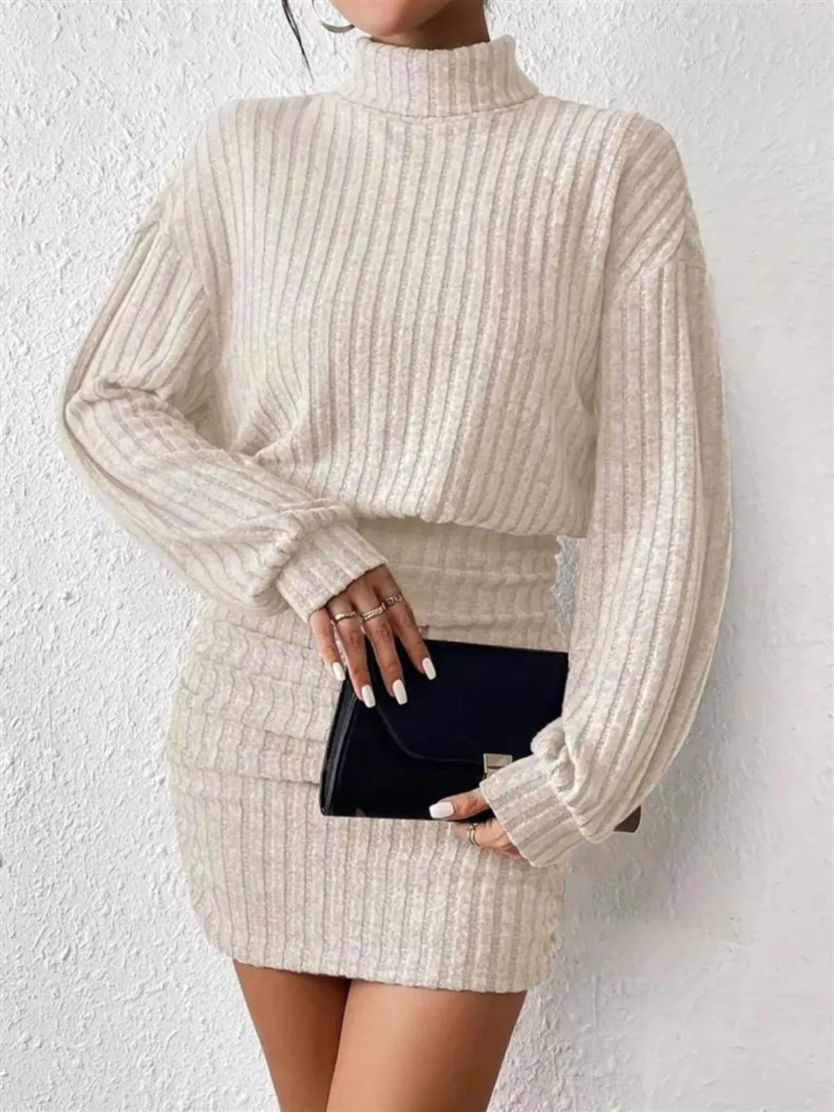 Gray 1960s Ribbed Turtleneck Sweater Bodycon Dress - Image 4