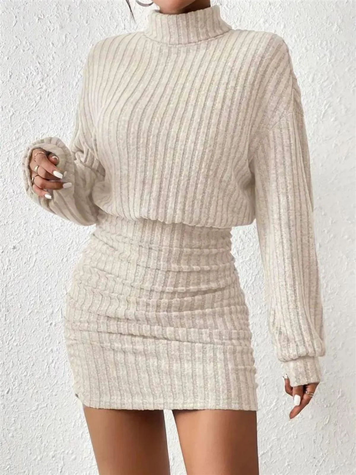 Gray 1960s Ribbed Turtleneck Sweater Bodycon Dress - Image 5
