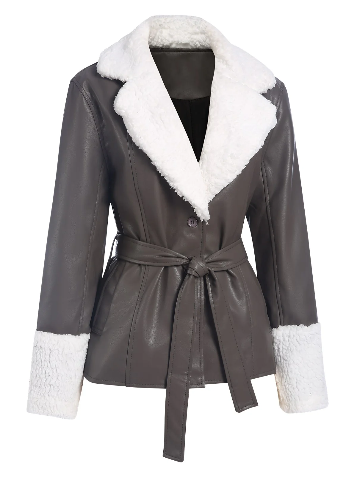 Gray 1960s Solid Plush Faux Leather Belted Coat - Image 2