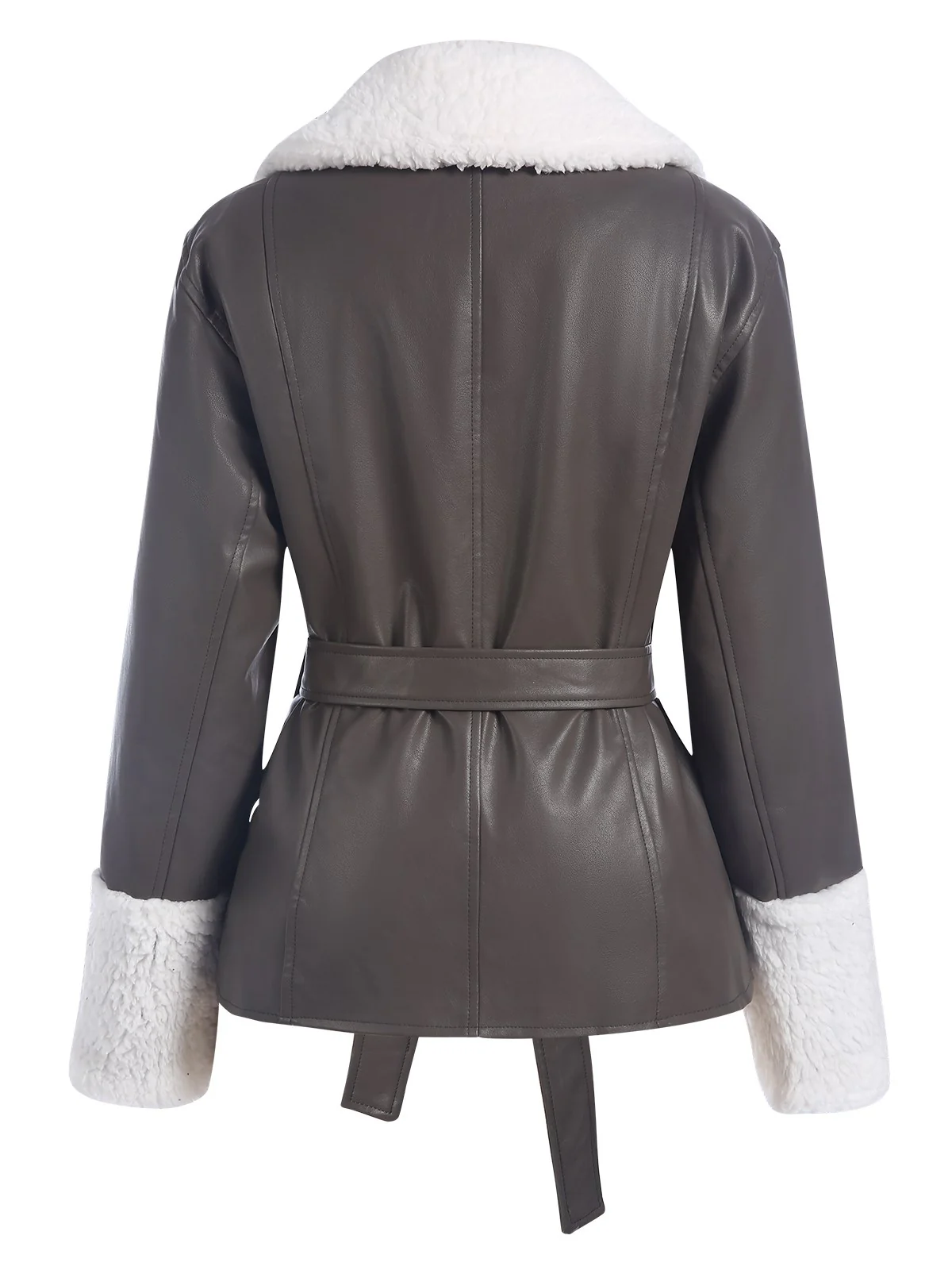 Gray 1960s Solid Plush Faux Leather Belted Coat - Image 3