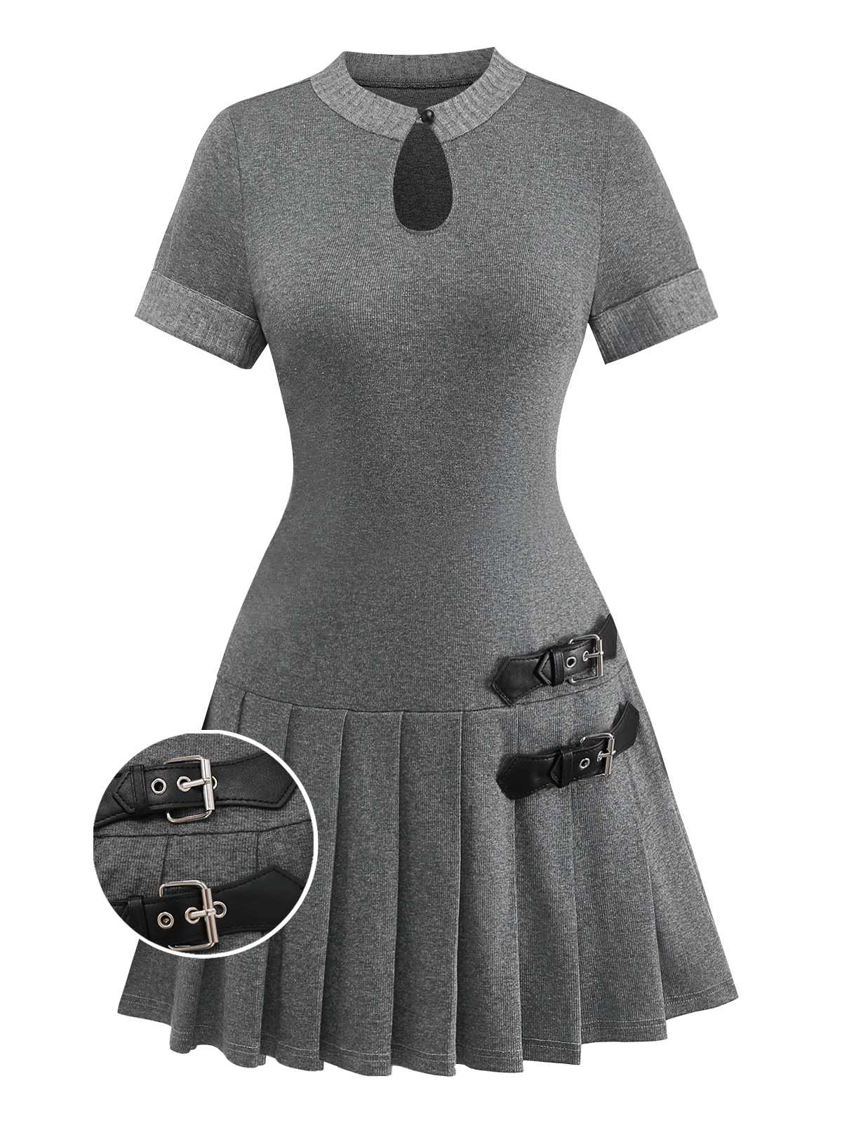 Gray 1970s Knitted Leather Buckle Pleated Dress - Image 2