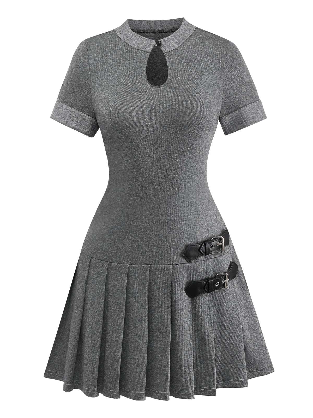 Gray 1970s Knitted Leather Buckle Pleated Dress - Image 5