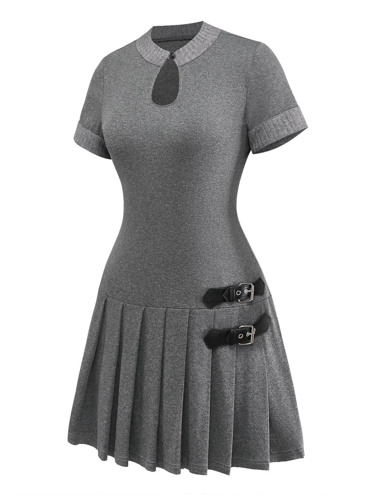 Gray 1970s Knitted Leather Buckle Pleated Dress - Image 6