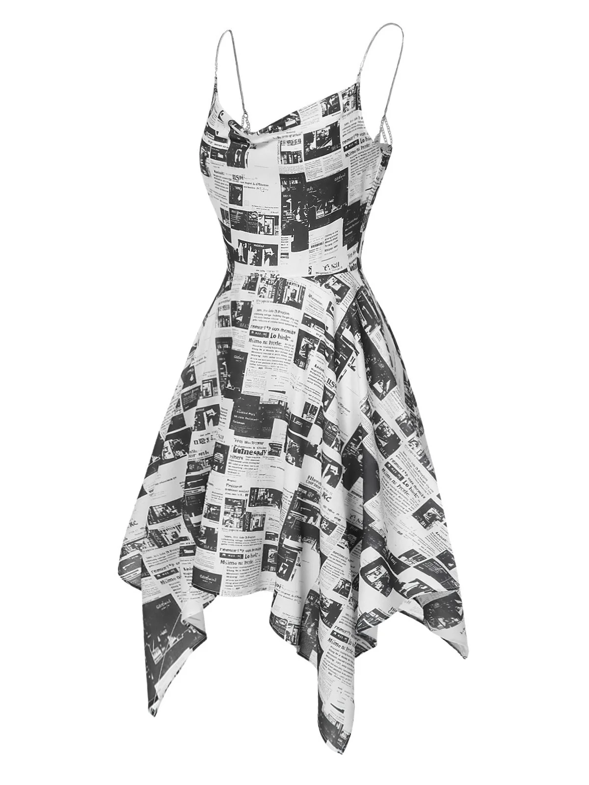 Gray 1970s Spaghetti Straps Cowl Neck Newspaper Dress - Image 3