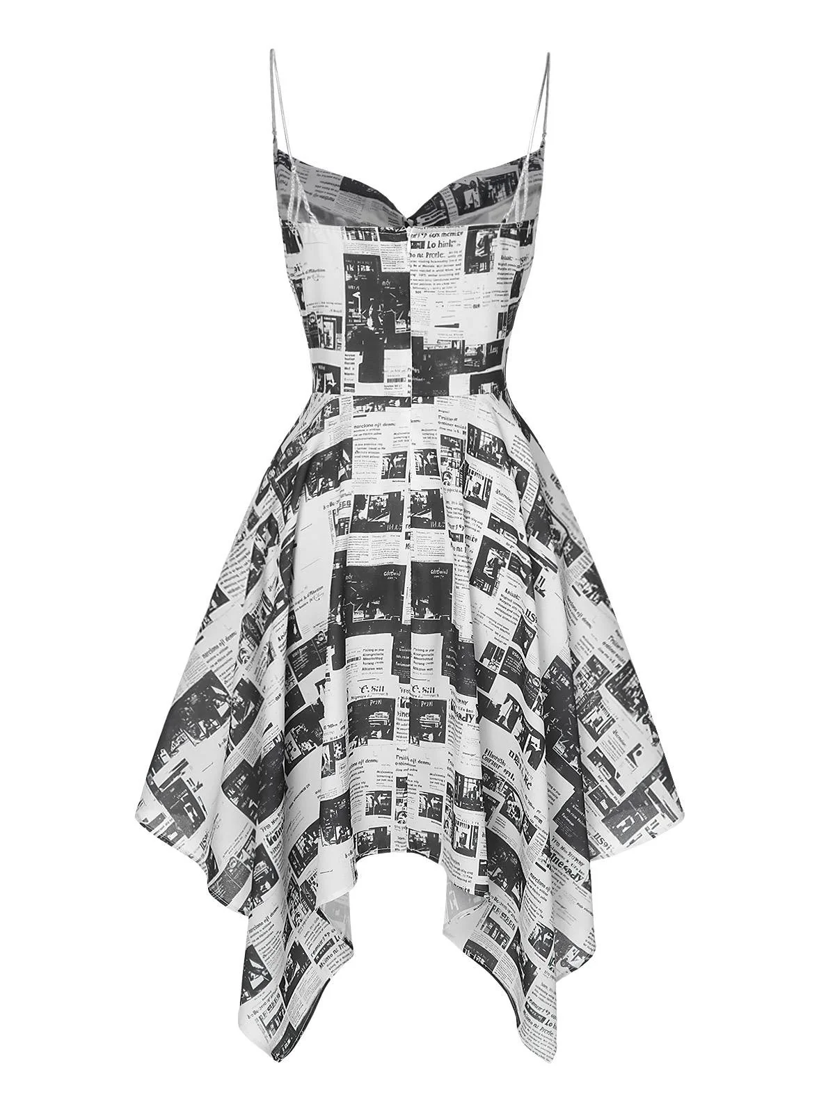Gray 1970s Spaghetti Straps Cowl Neck Newspaper Dress - Image 4