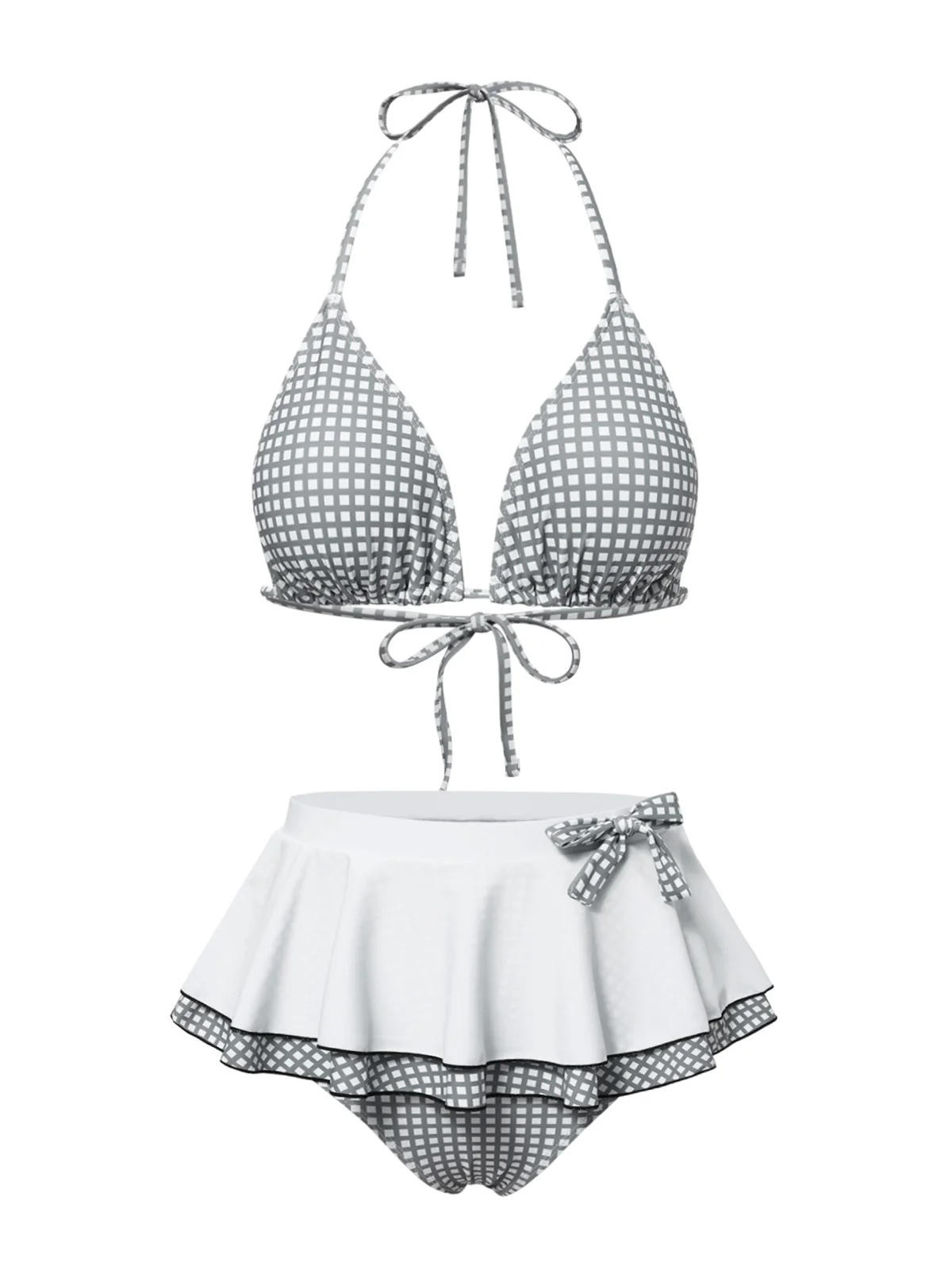 Gray & White 1940s Gingham Plaid Bow Halter Swimsuit - Image 2