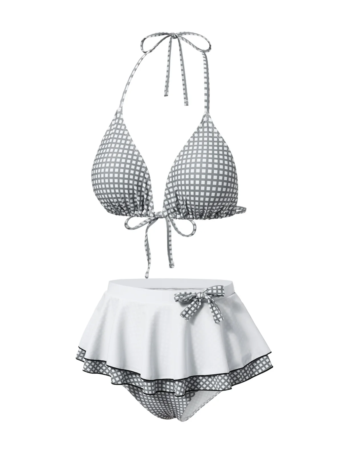 Gray & White 1940s Gingham Plaid Bow Halter Swimsuit - Image 3