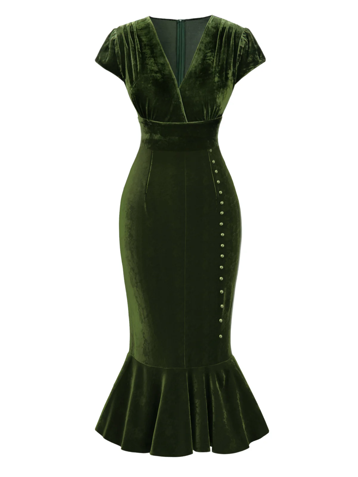 Green 1930s Button V-Neck Velvet Fishtail Dress - Image 4