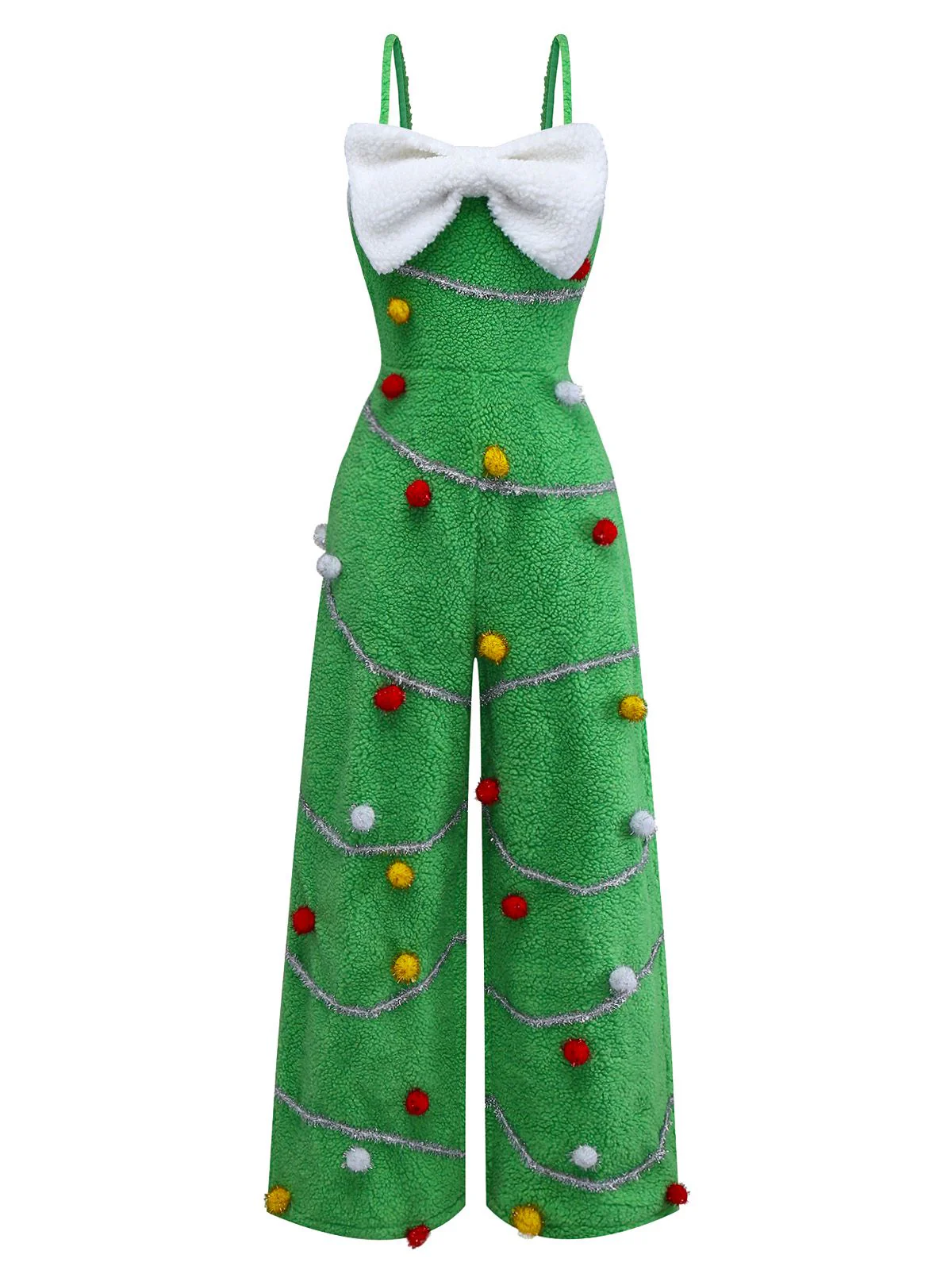 Green 1930s Christmas Tree Pom-Pom Bow Jumpsuit - Image 2