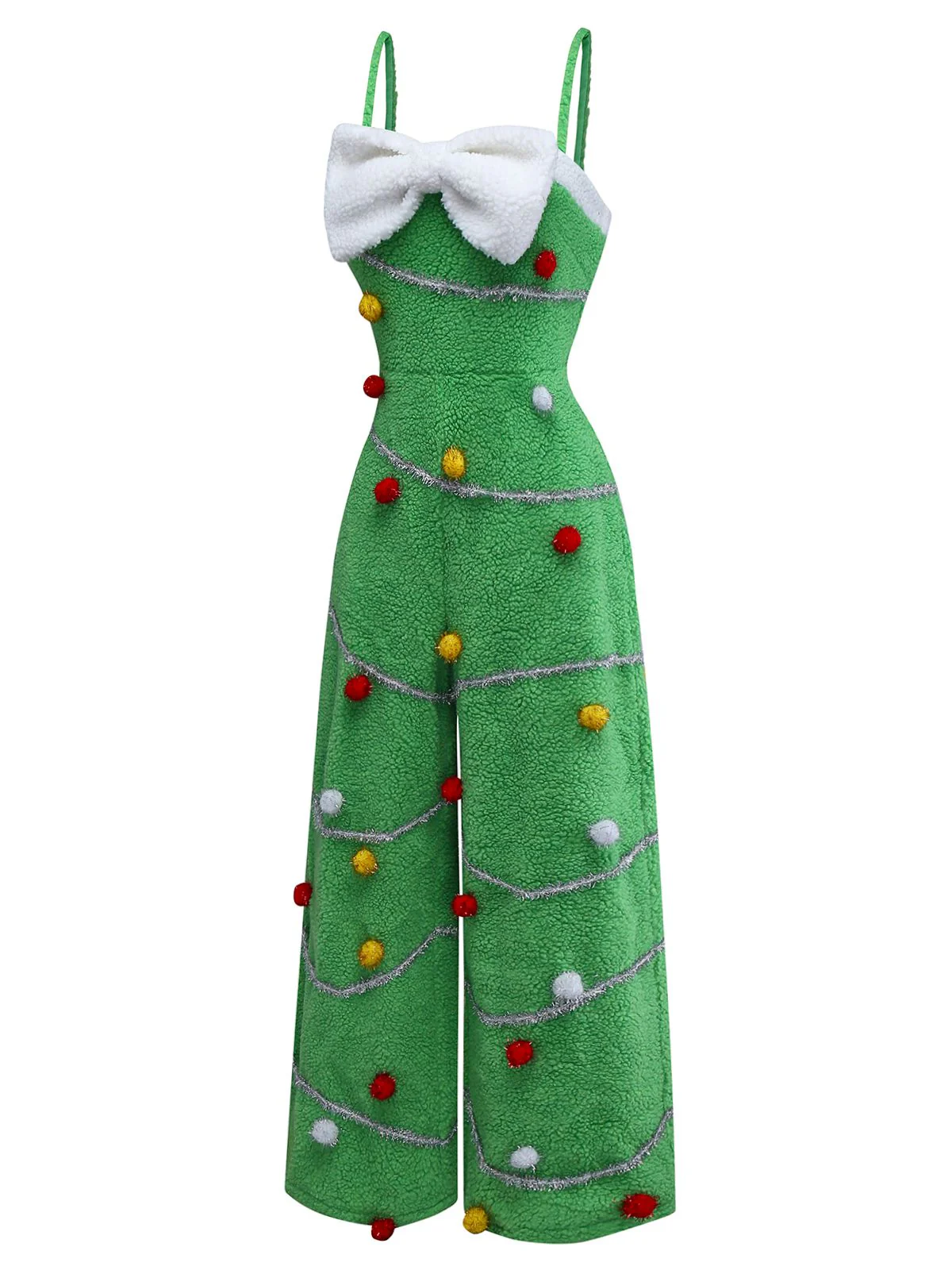 Green 1930s Christmas Tree Pom-Pom Bow Jumpsuit - Image 3