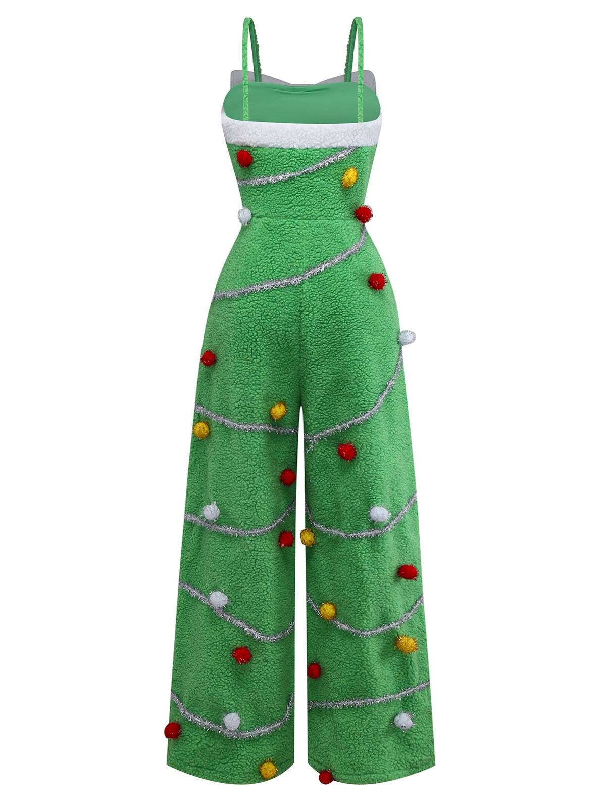 Green 1930s Christmas Tree Pom-Pom Bow Jumpsuit - Image 4