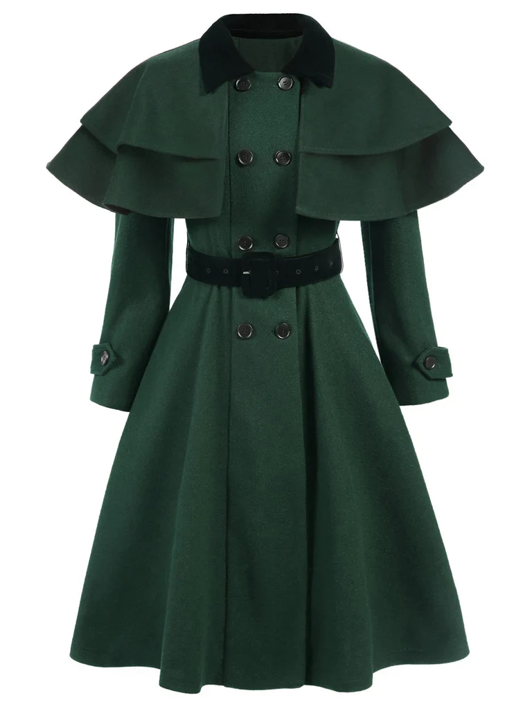 Green 1930s Double-Breasted Belted Coat With Cape - Image 2