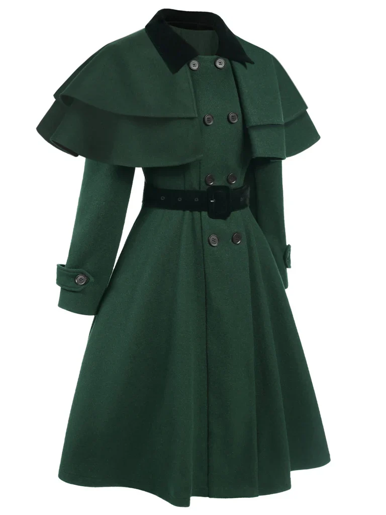 Green 1930s Double-Breasted Belted Coat With Cape - Image 3