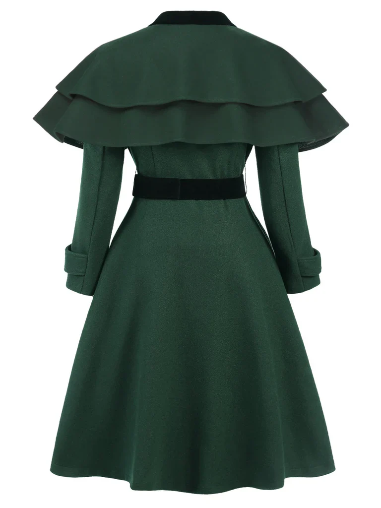 Green 1930s Double-Breasted Belted Coat With Cape - Image 4