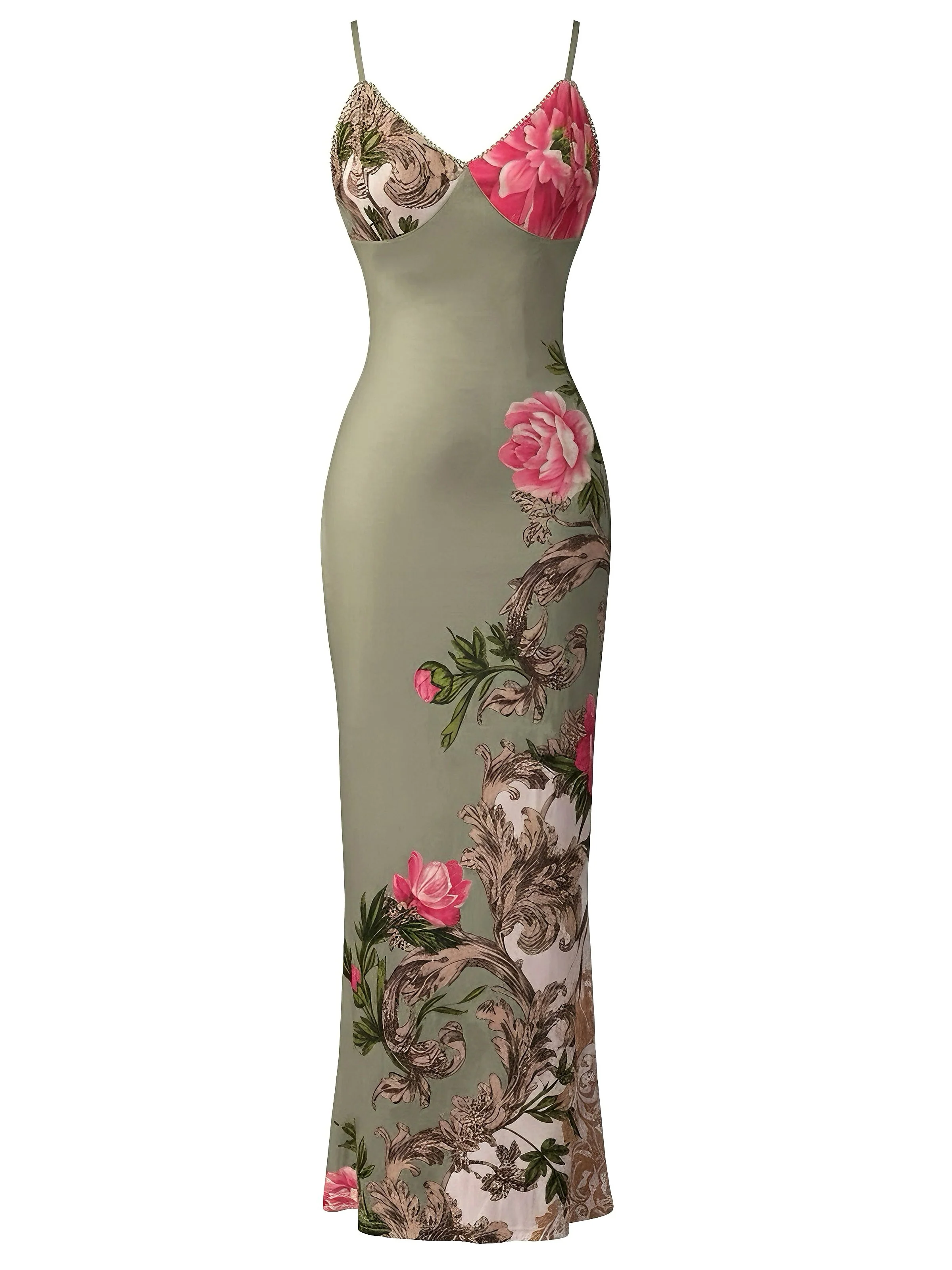Green 1930s Floral Spaghetti Strap Bodycon Maxi Dress - Image 2