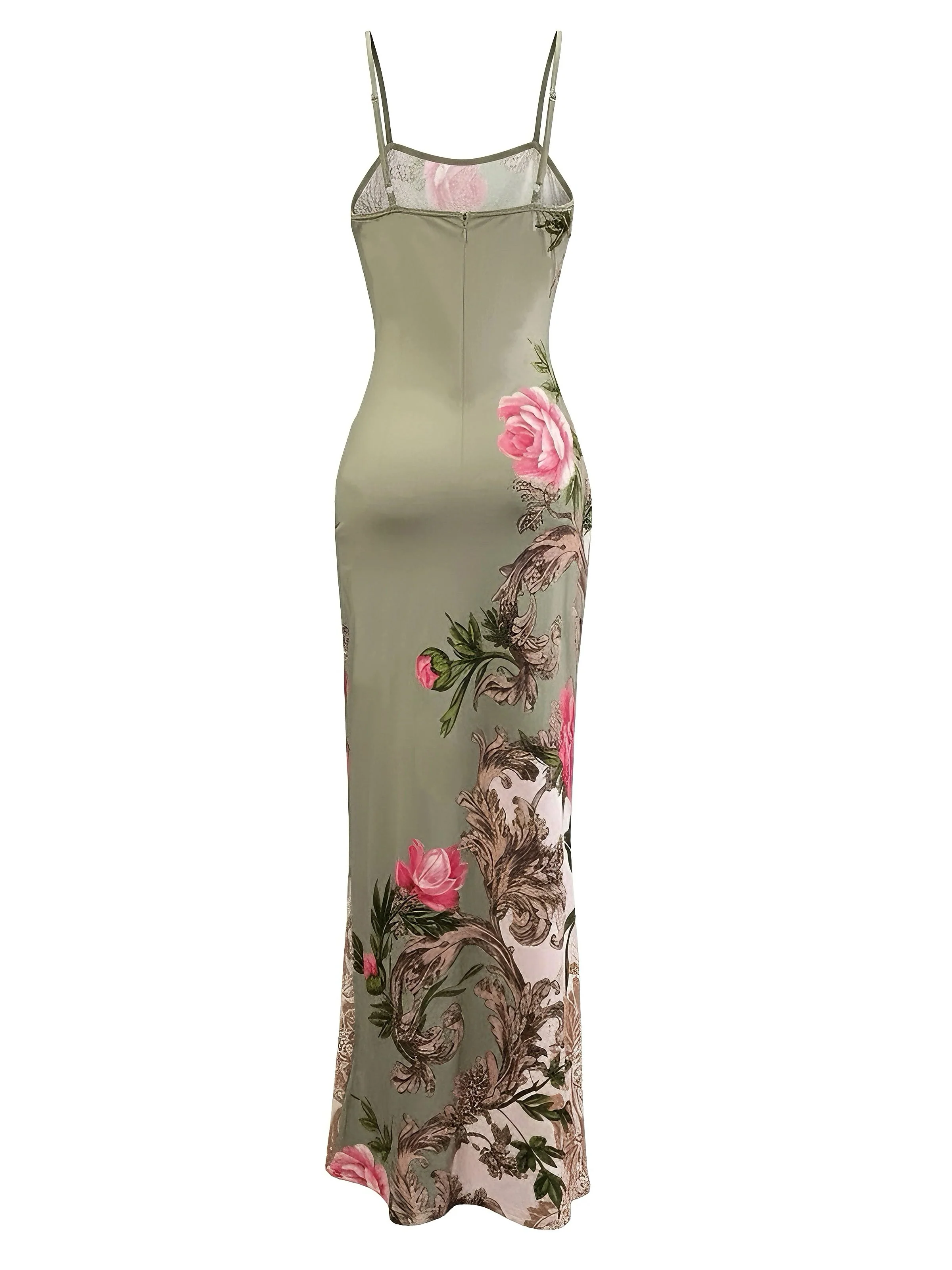 Green 1930s Floral Spaghetti Strap Bodycon Maxi Dress - Image 3