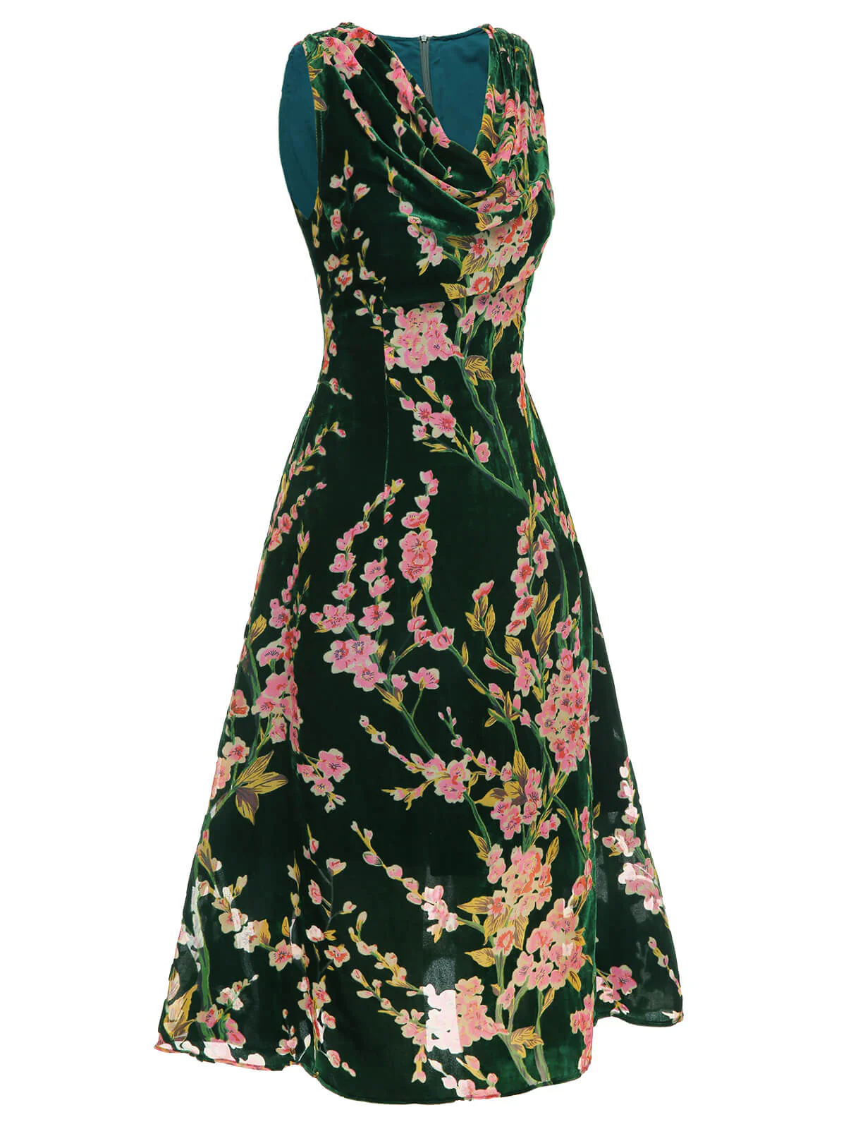 Green 1930s Floral Velvet Sleeveless Dress - Image 3