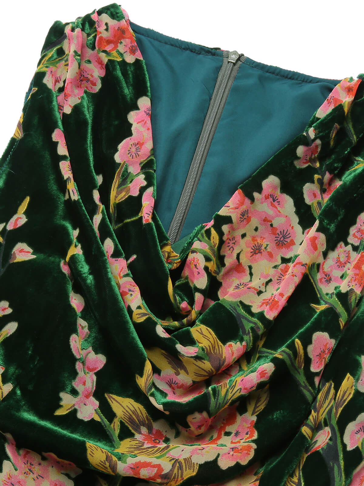 Green 1930s Floral Velvet Sleeveless Dress - Image 5