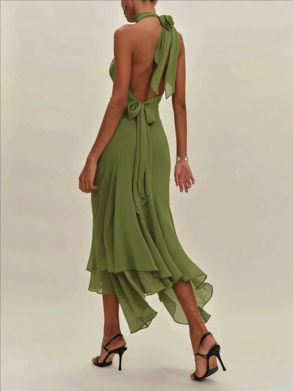 Green 1930s Halter Mesh Backless Chiffon Midi Dress - Image 3