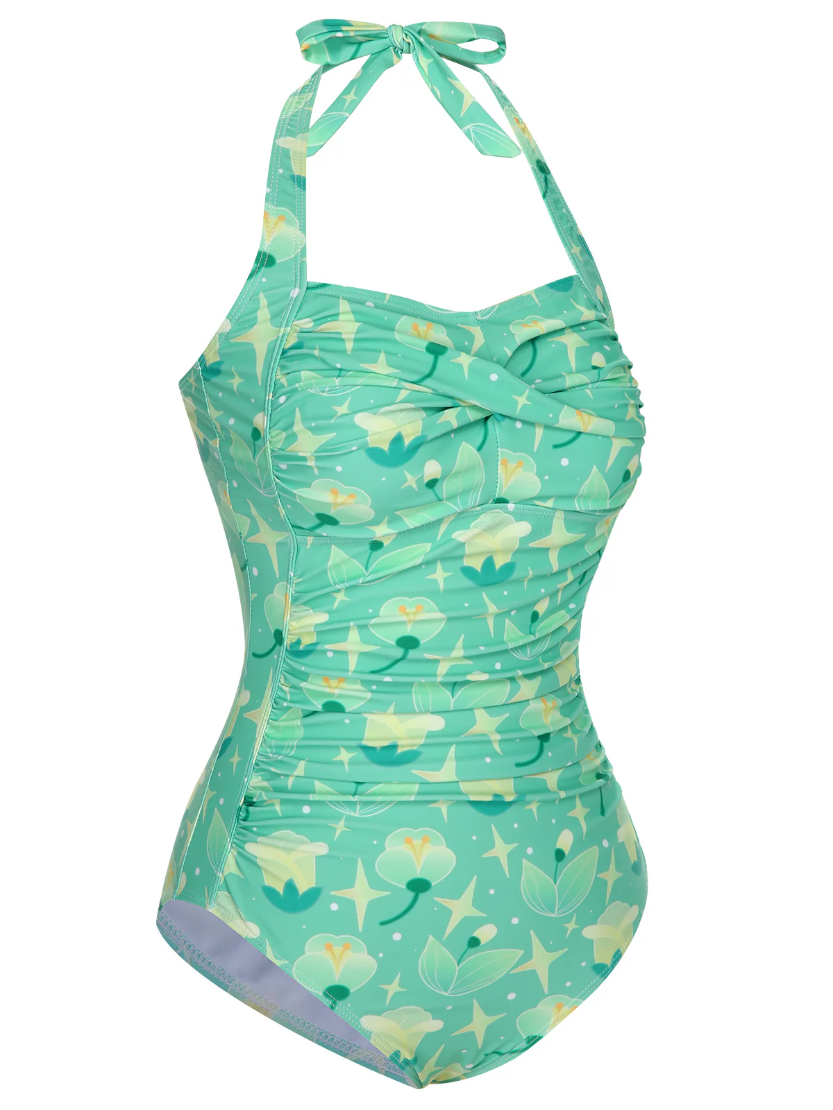 Green 1930s Halter Plants Print One-Piece Swimsuit - Image 2