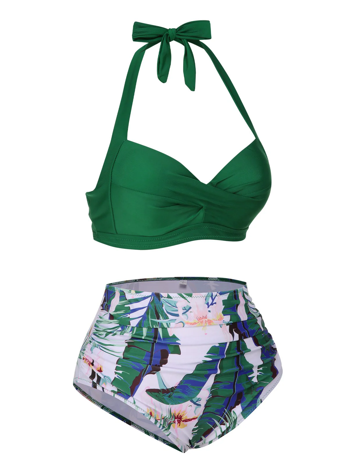 Green 1930s Halter Tropical Plants Swimsuit - Image 2