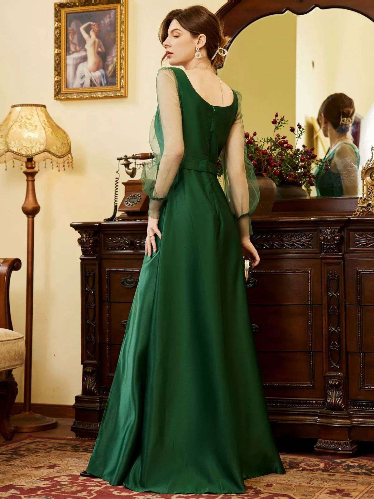 Green 1930s Illusion Sleeve Satin Slit Dress - Image 2