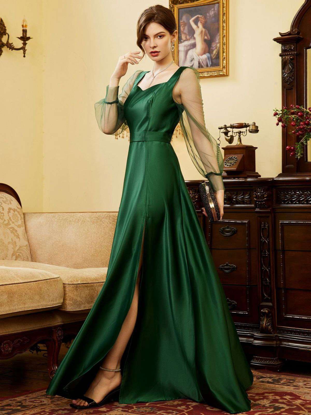 Green 1930s Illusion Sleeve Satin Slit Dress - Image 3