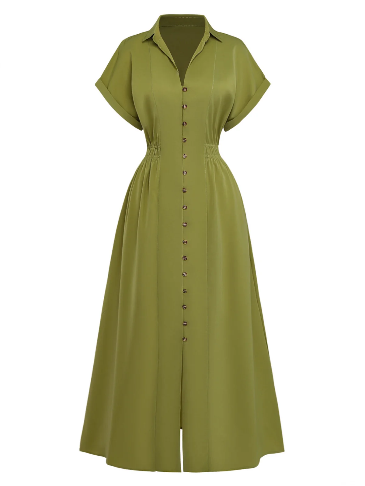 Green 1930s Lapel Single-Breasted Slit Shirt Dress - Image 2