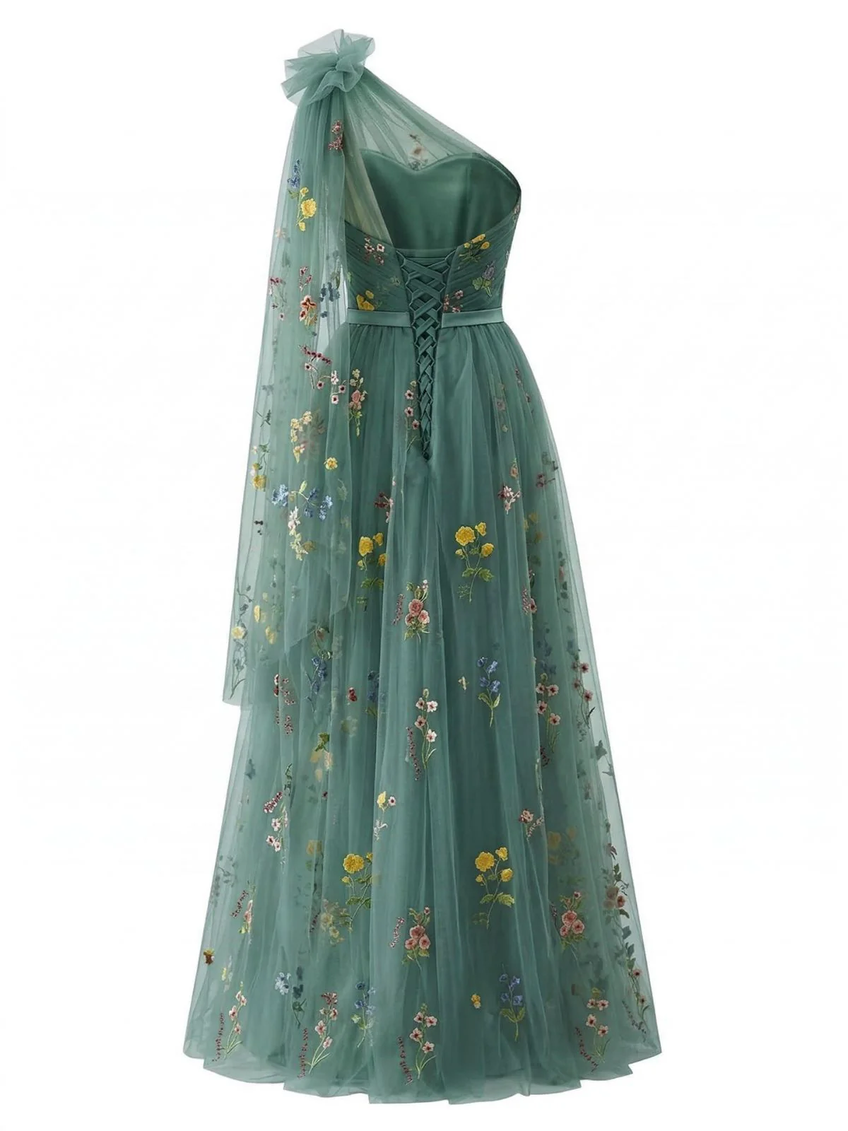 [Pre-Sale] Green 1930s One-Shoulder Floral Embroidered Tulle Maxi Dress - Image 2