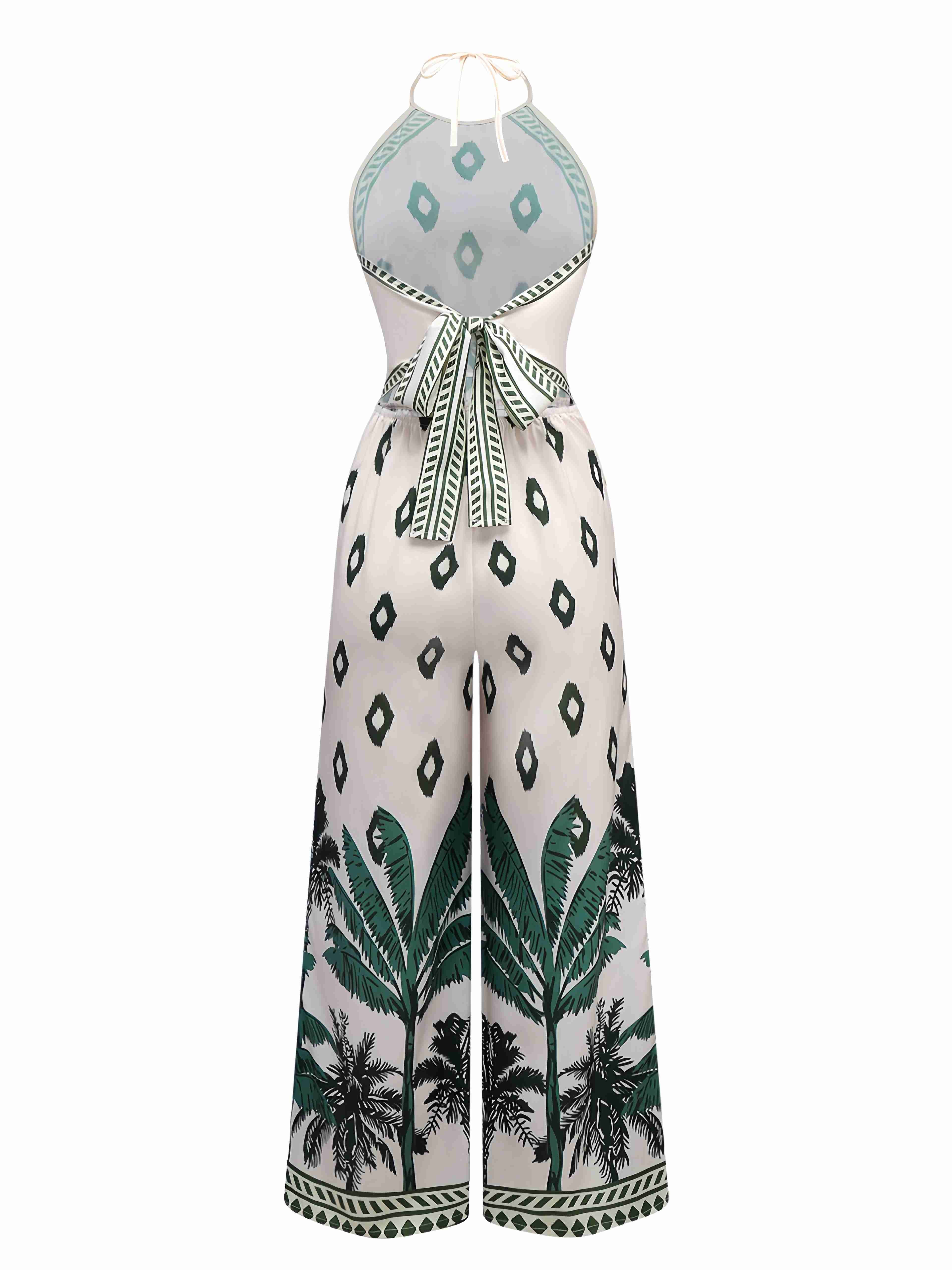 Green 1930s Palm Trees Halter Jumpsuit - Image 2