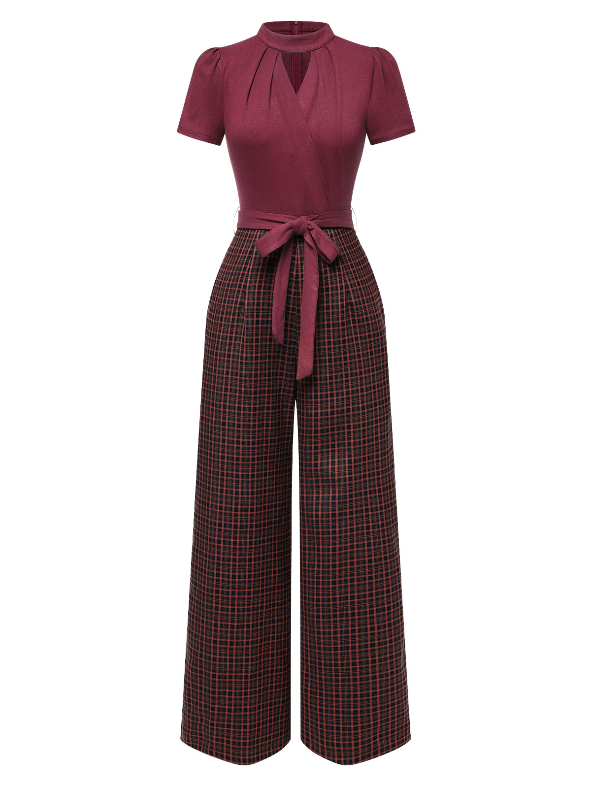 Green 1930s Plaid Keyhole Neck Belted Jumpsuit - Image 10