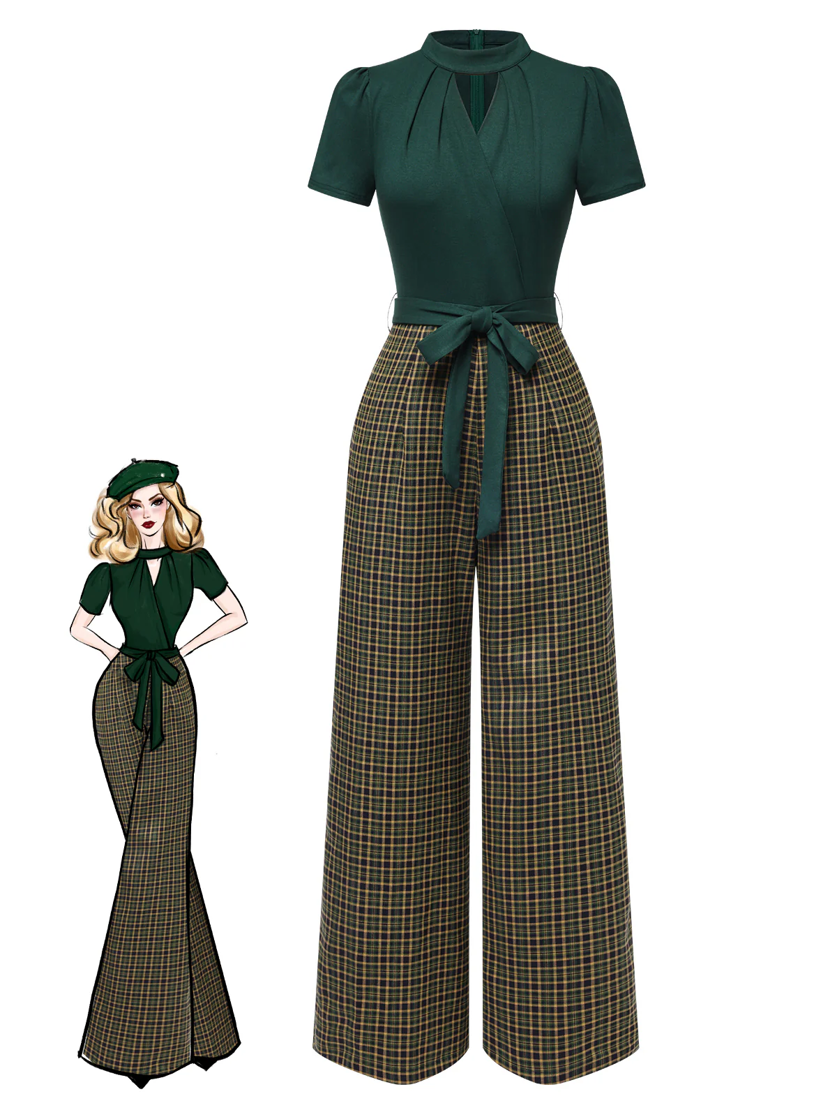 Green 1930s Plaid Keyhole Neck Belted Jumpsuit - Image 2
